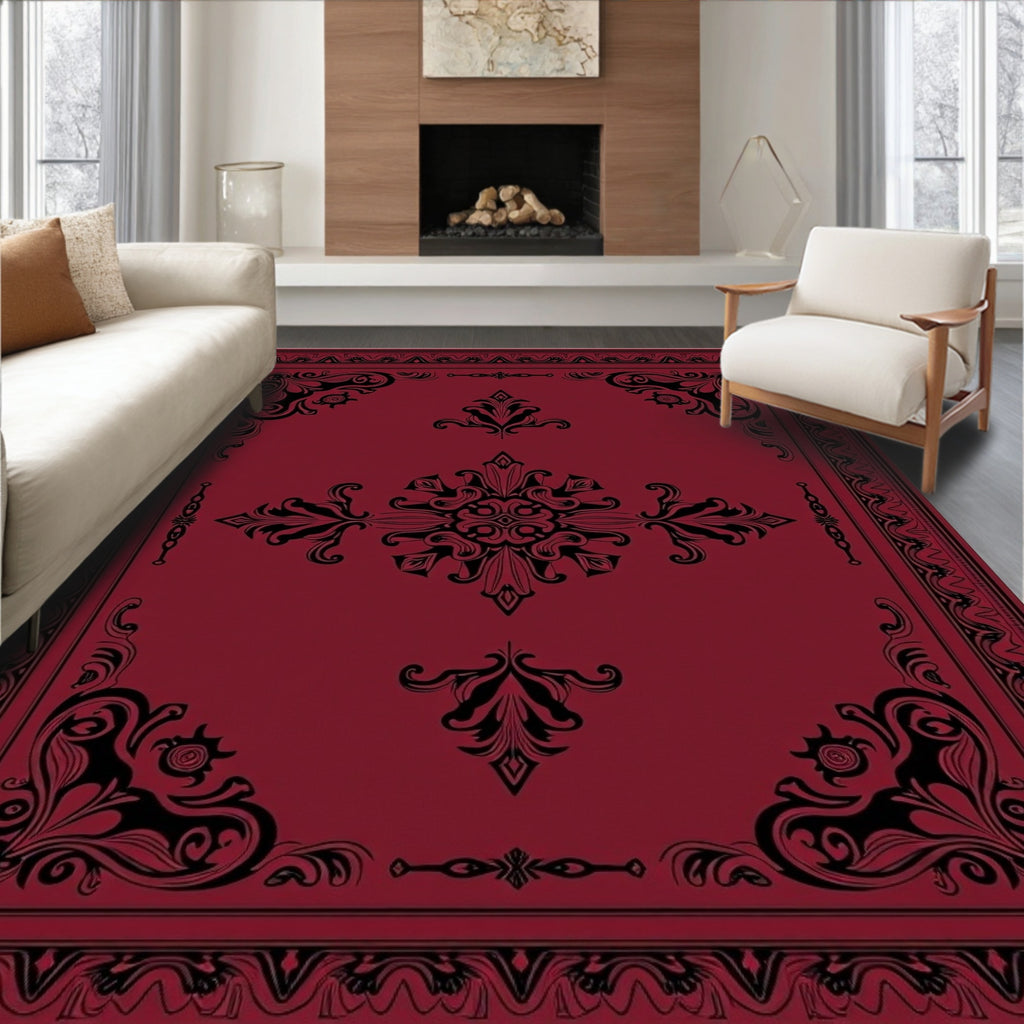 Rich Crimson Black Ornamental Border Rug