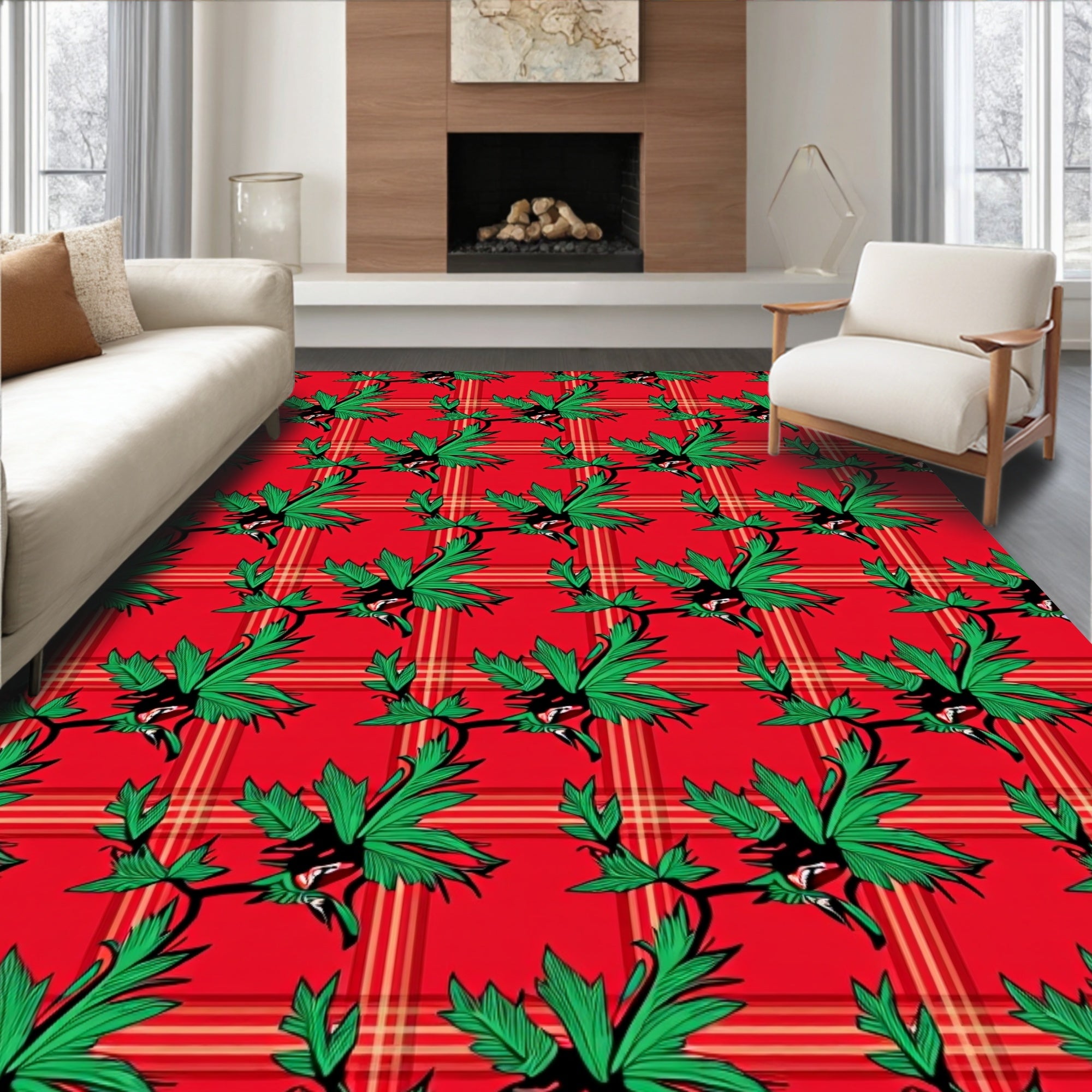 Red Plaid Green Leaf Vine Rug