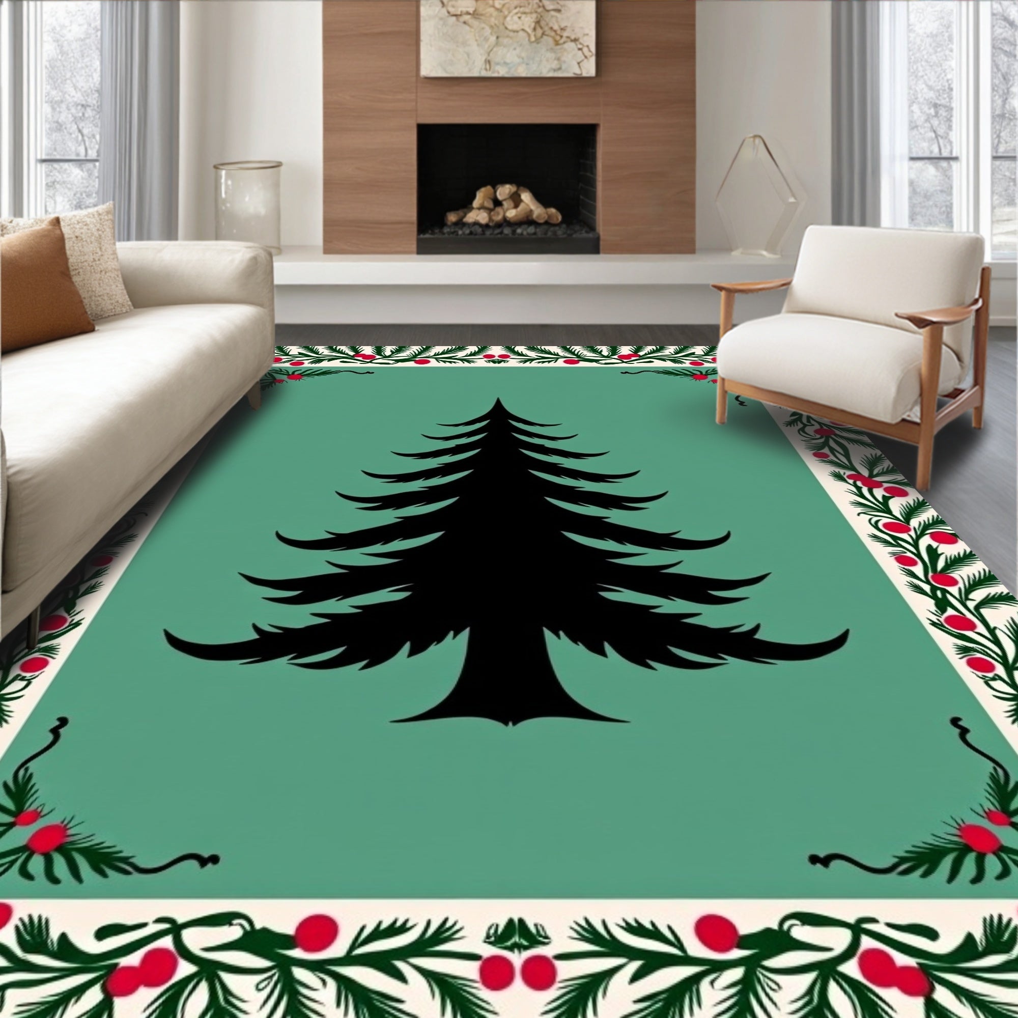 Black Fir Tree Christmas Border Rug