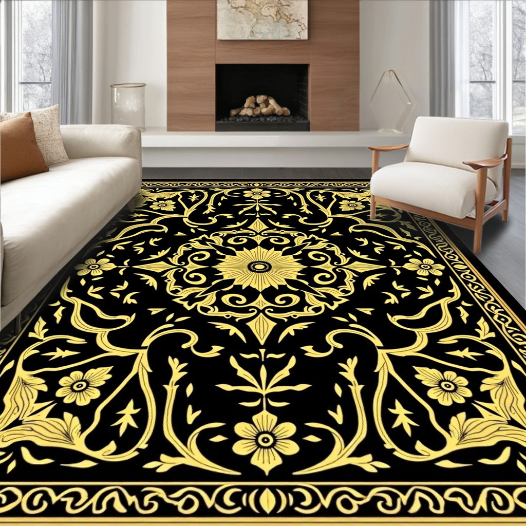 Black and Gold Floral Medallion Rug