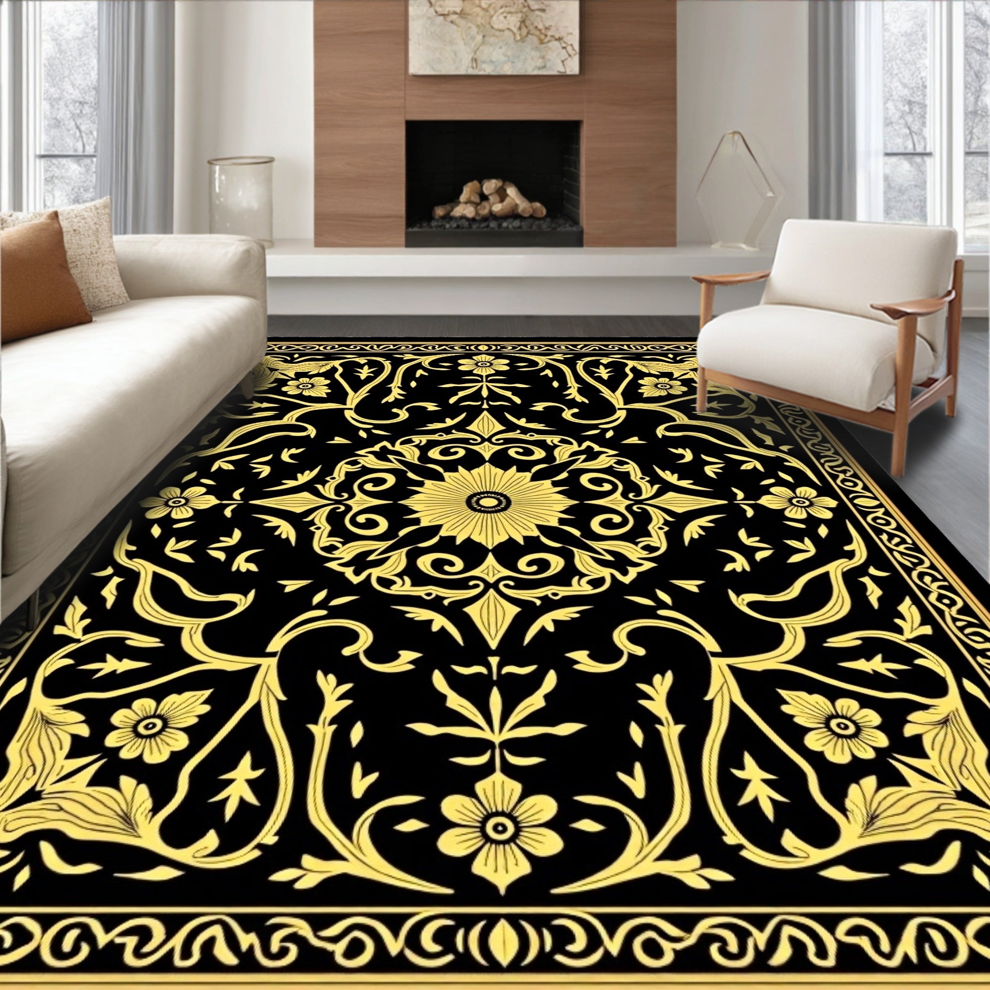 Black and Gold Floral Medallion Rug