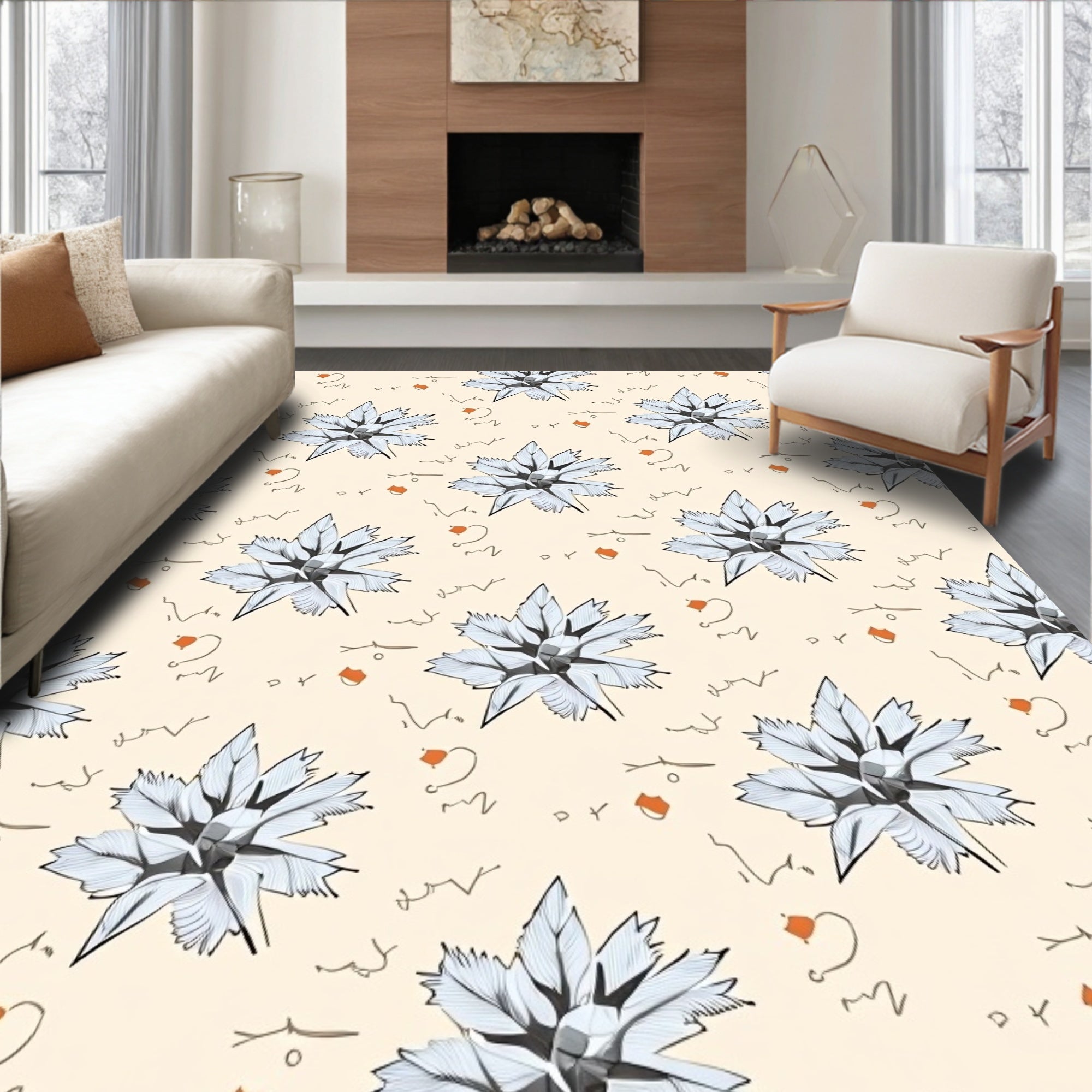 Cream Beige Starburst Floral Accents Rug