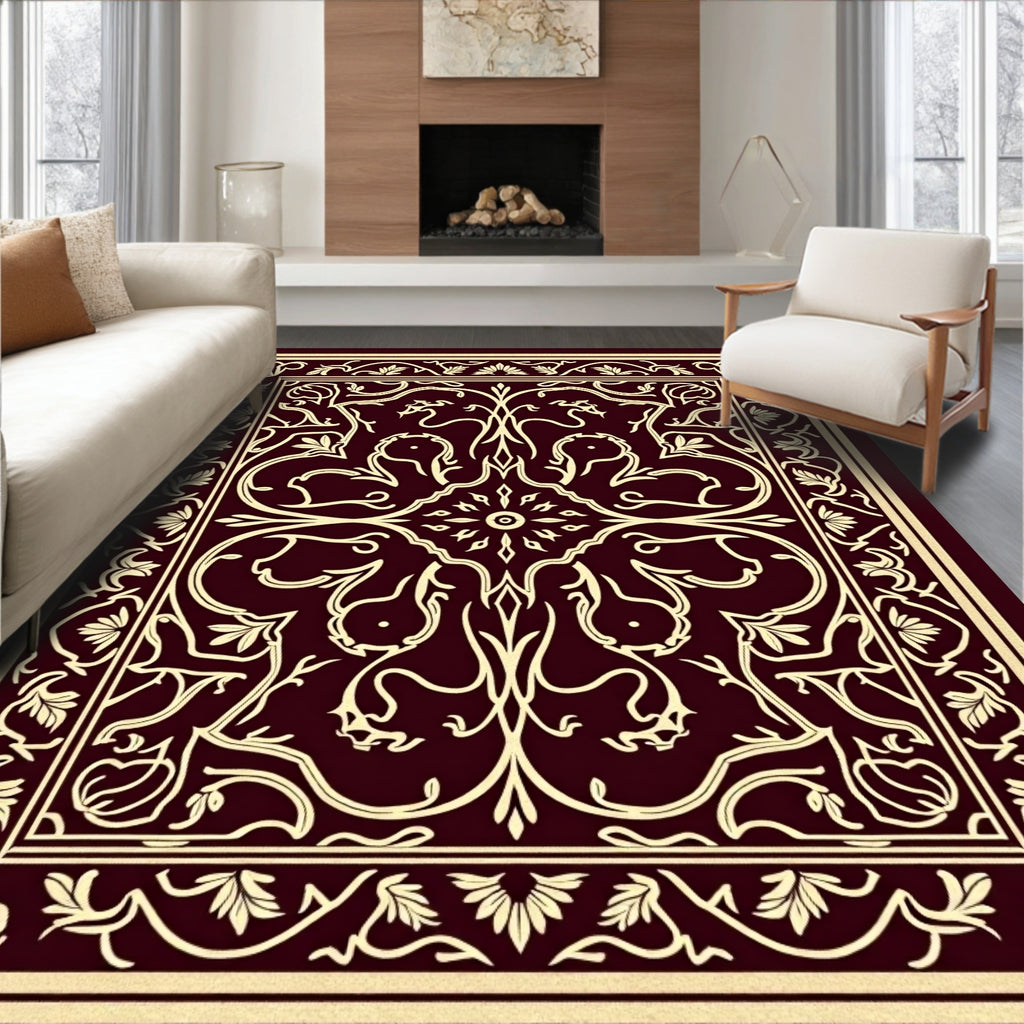 Crimson and Gold Scrollwork Medallion Rug