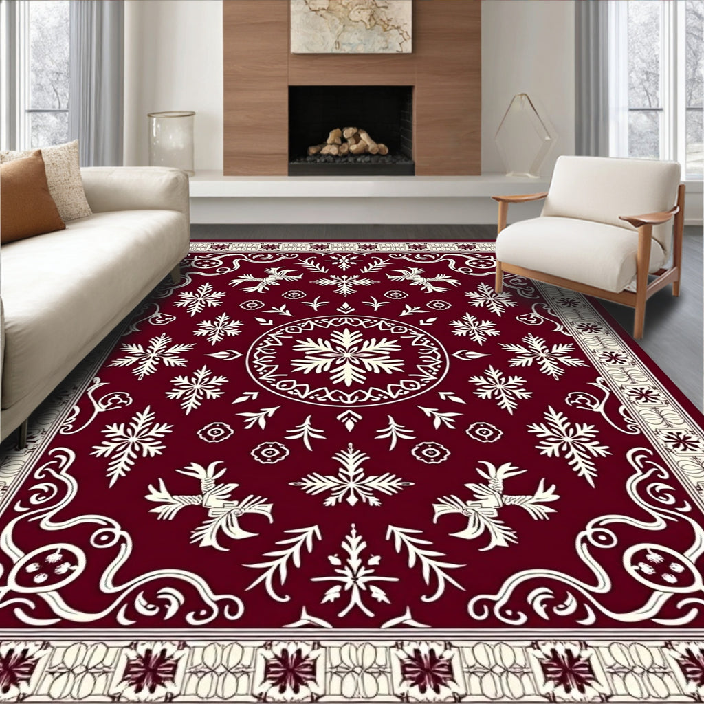 Crimson Snowflake Mandala Medallion Rug
