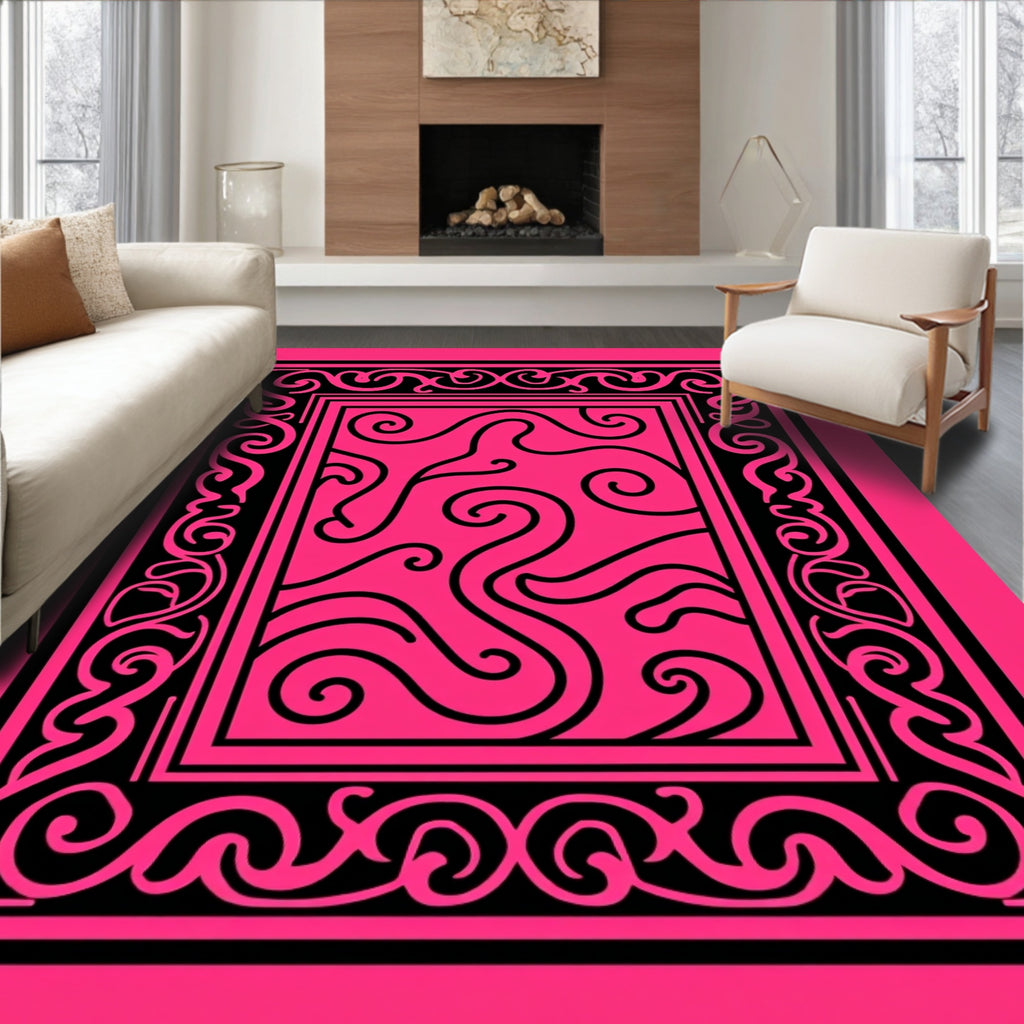 Hot Pink Black Swirls Border Rug