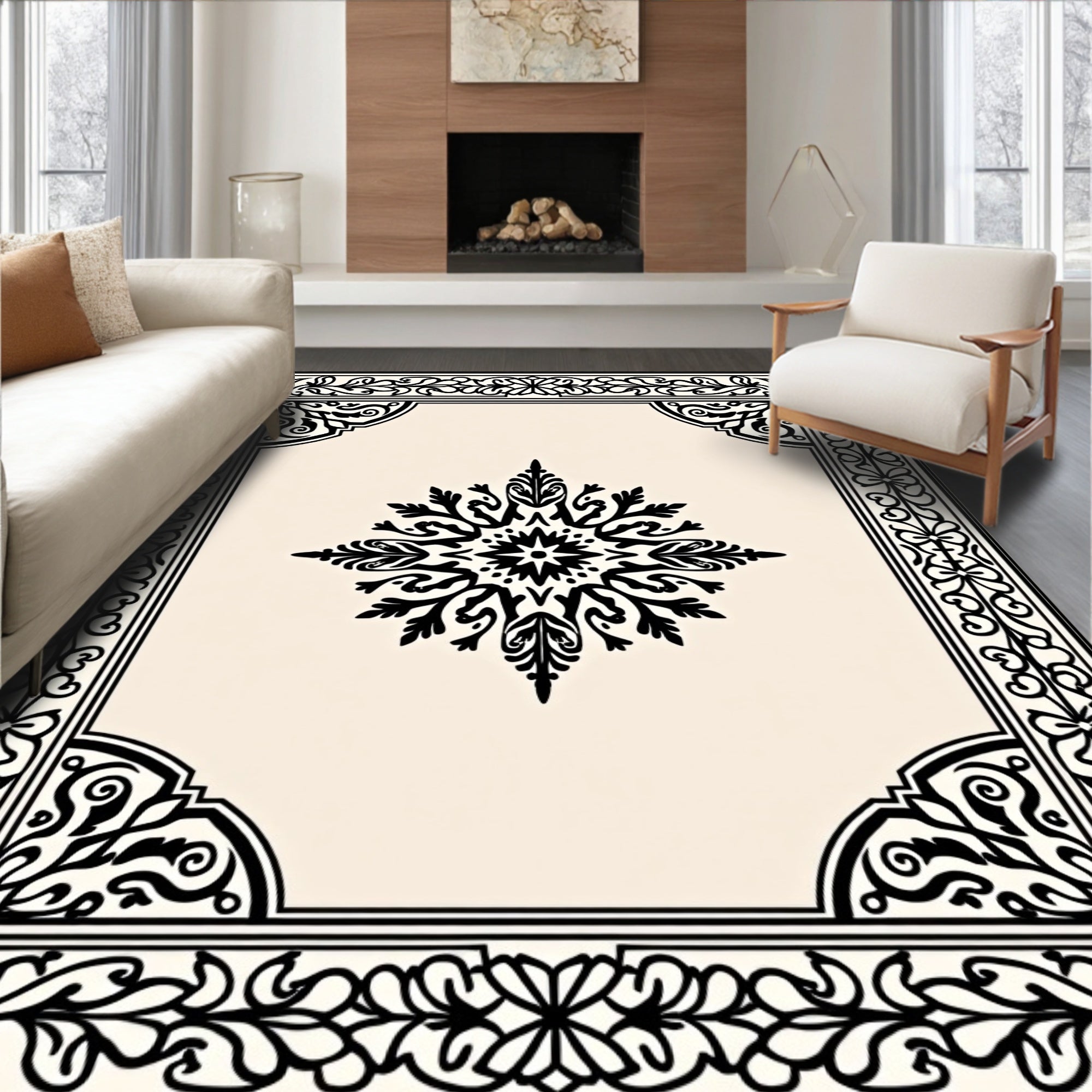 Black Ivory Ornate Medallion Frame Rug