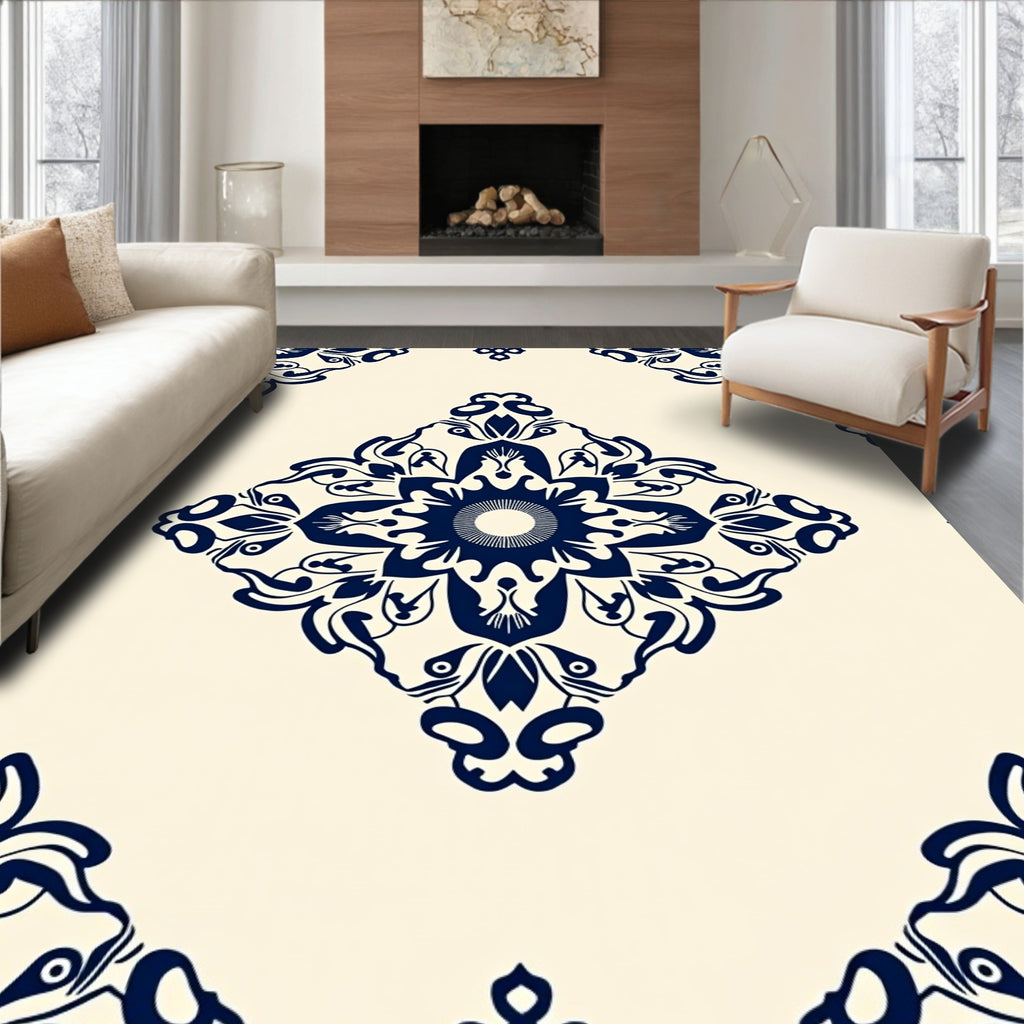 Navy Floral Diamond Tile Rug