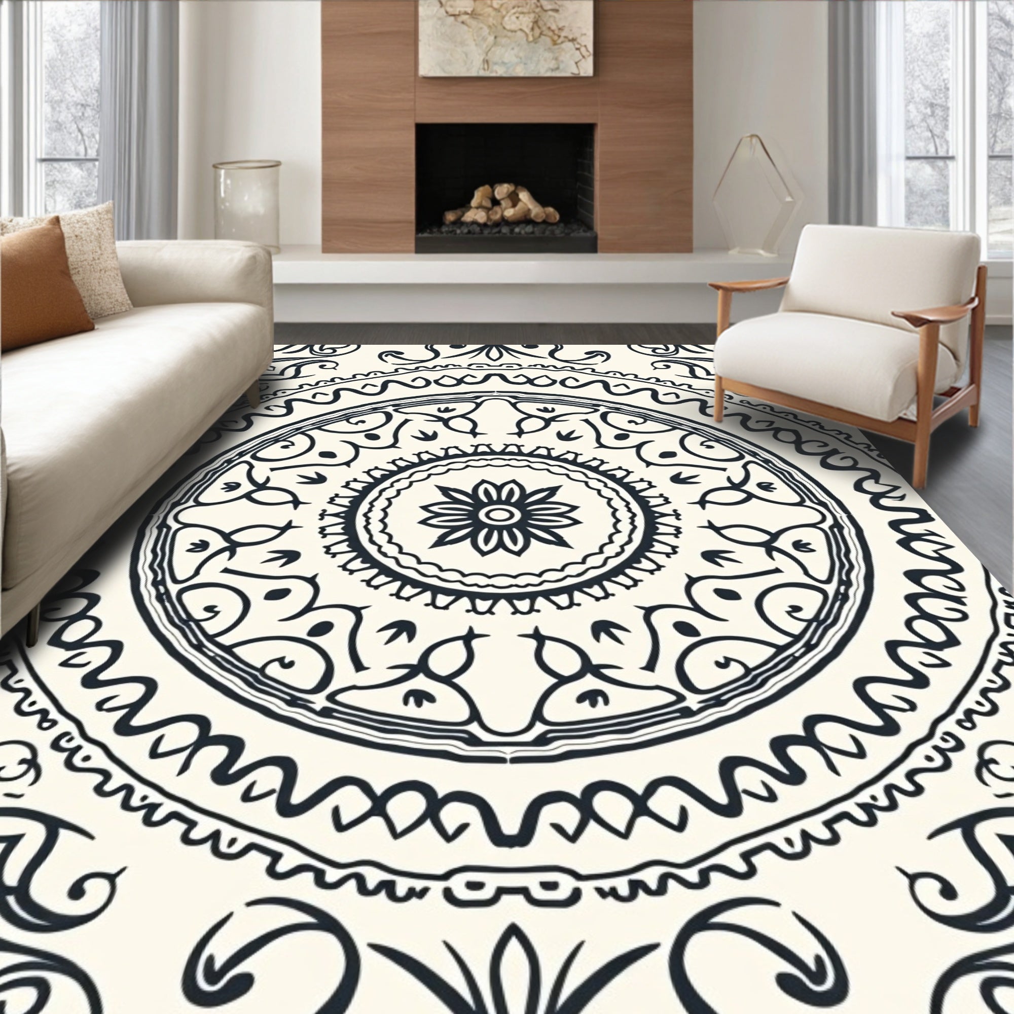 Dark Navy Cream Mandala Flourish Rug