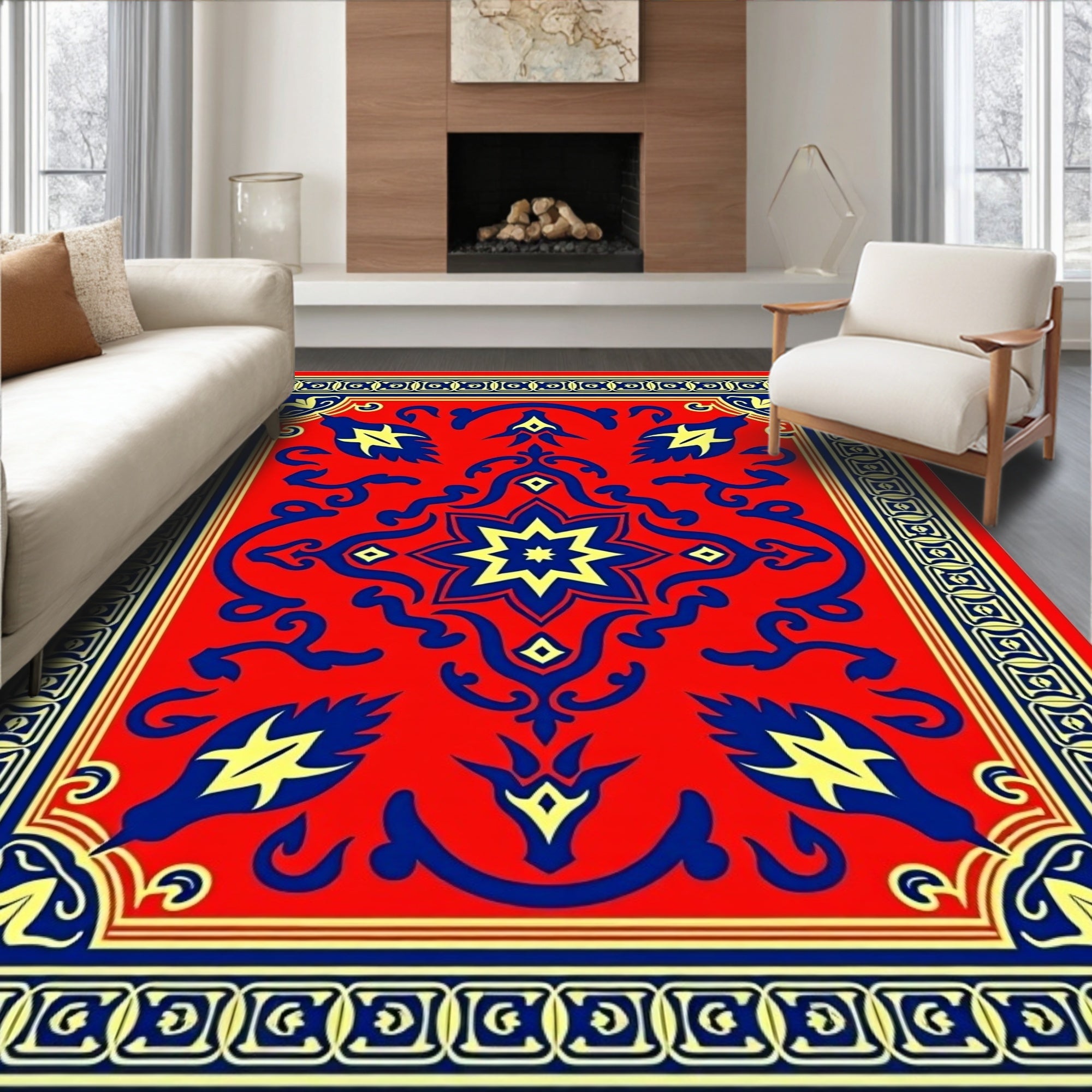 Crimson Cobalt Yellow Star Border Rug