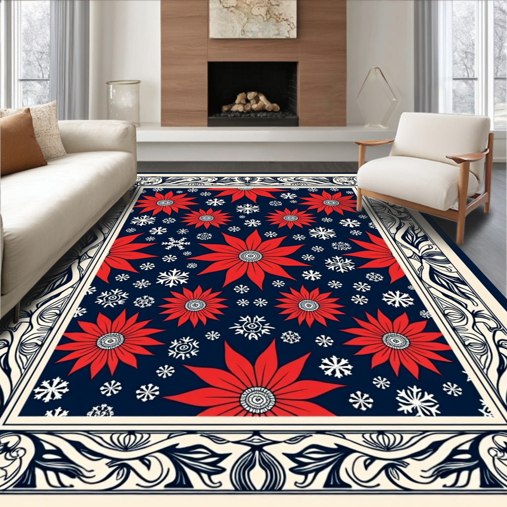 Red Poinsettia Snowflake Navy Border Rug