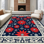 Red Poinsettia Snowflake Navy Border Rug
