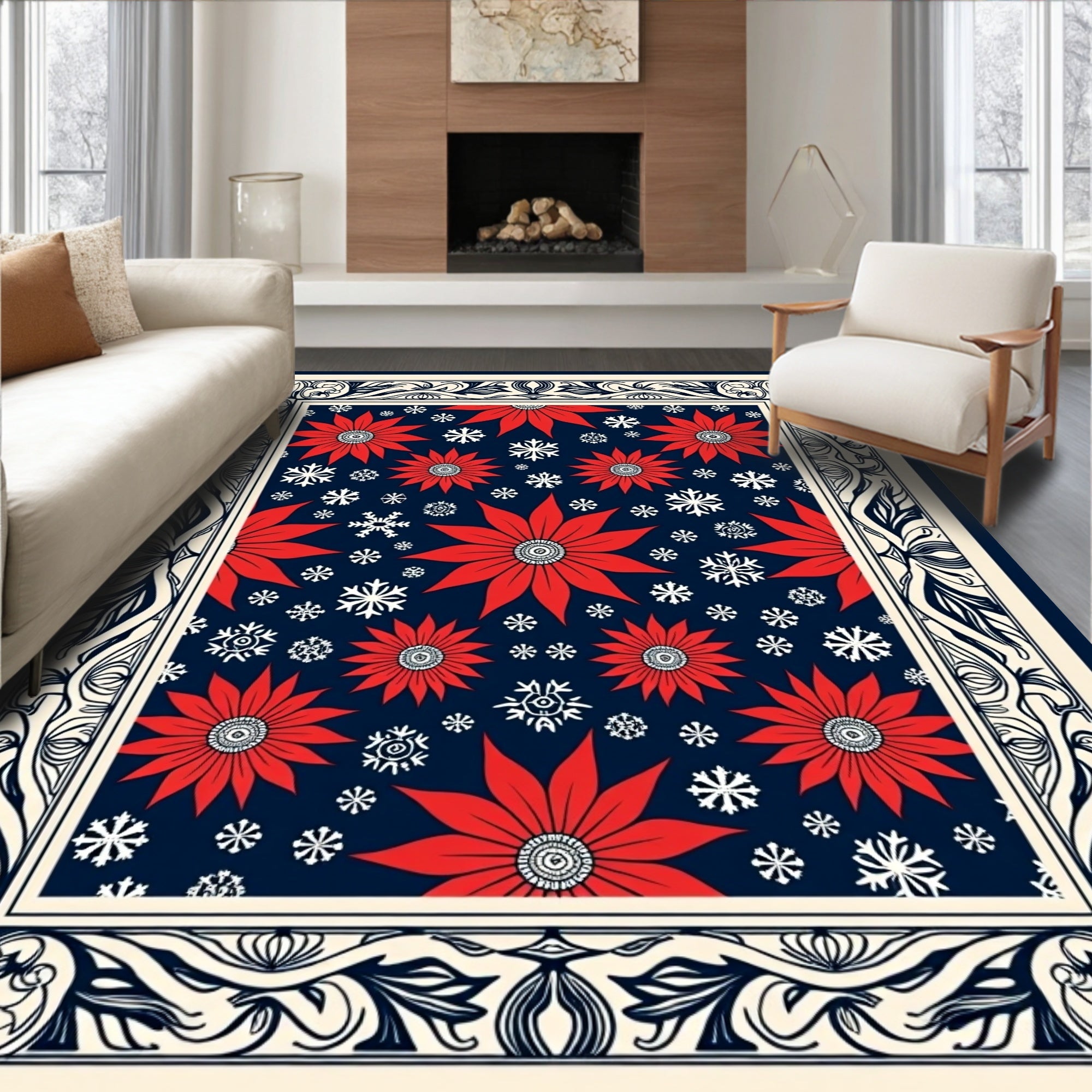 Red Poinsettia Snowflake Navy Border Rug