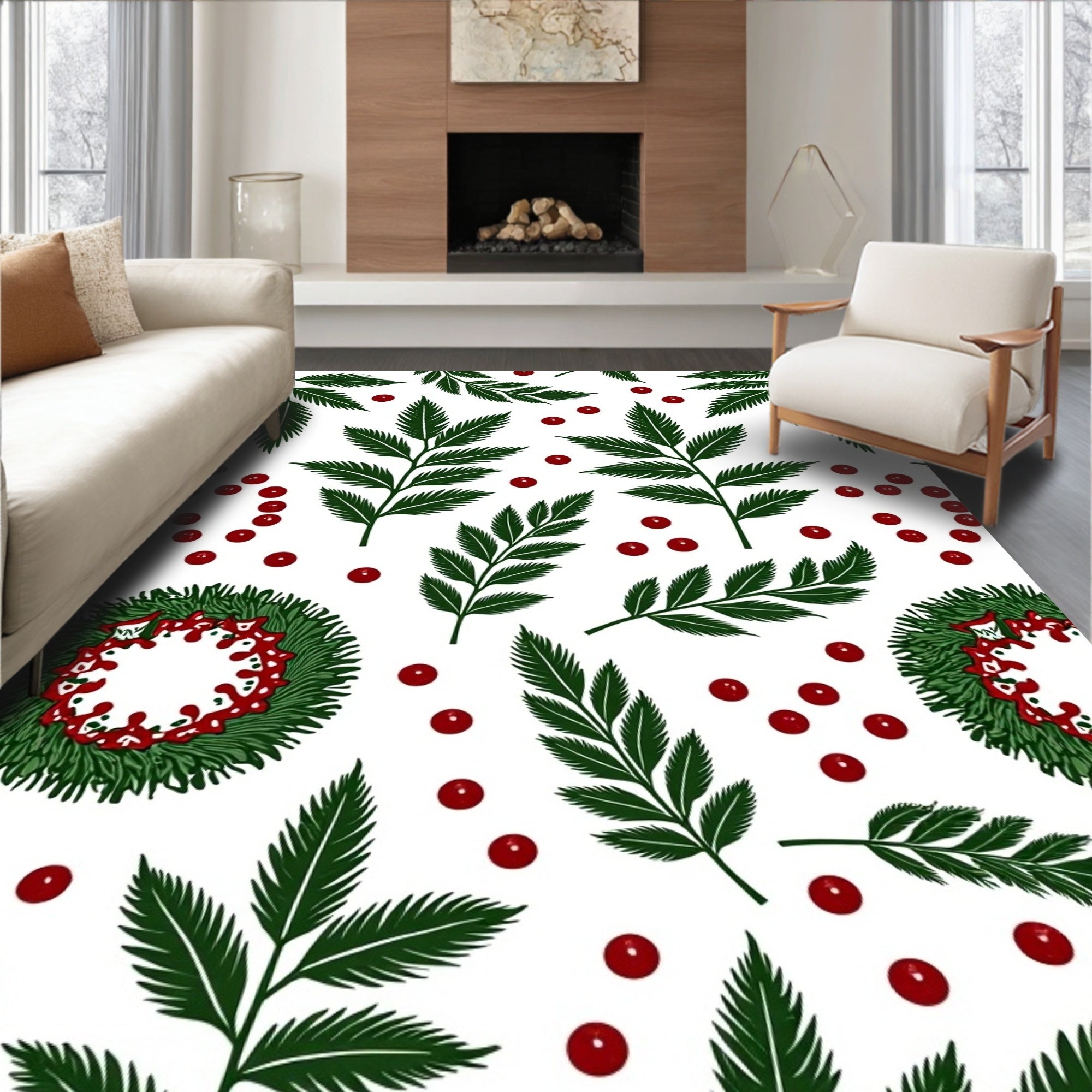 Green Fern Red Berry Wreath Rug