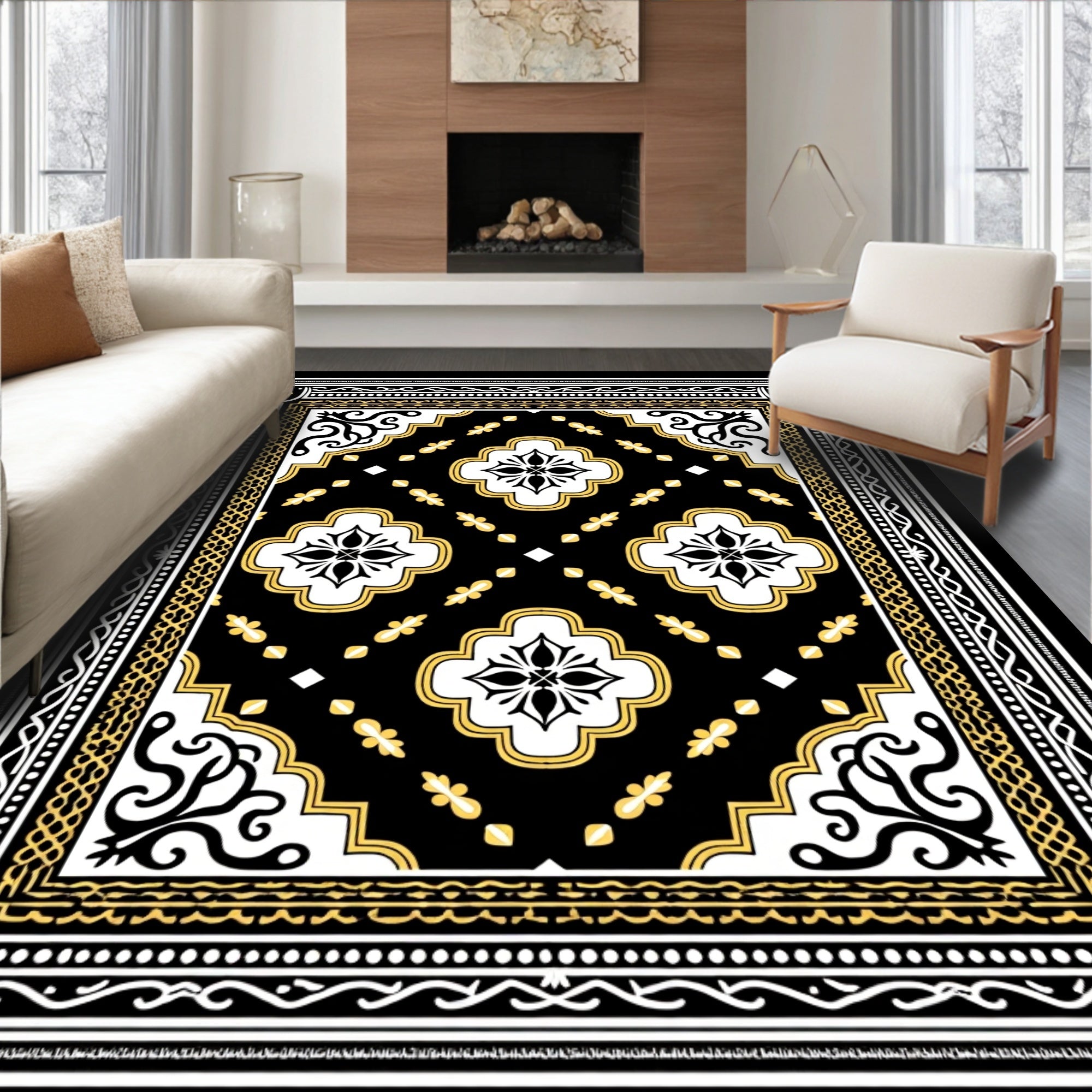 Black Yellow White Medallion Frame Rug