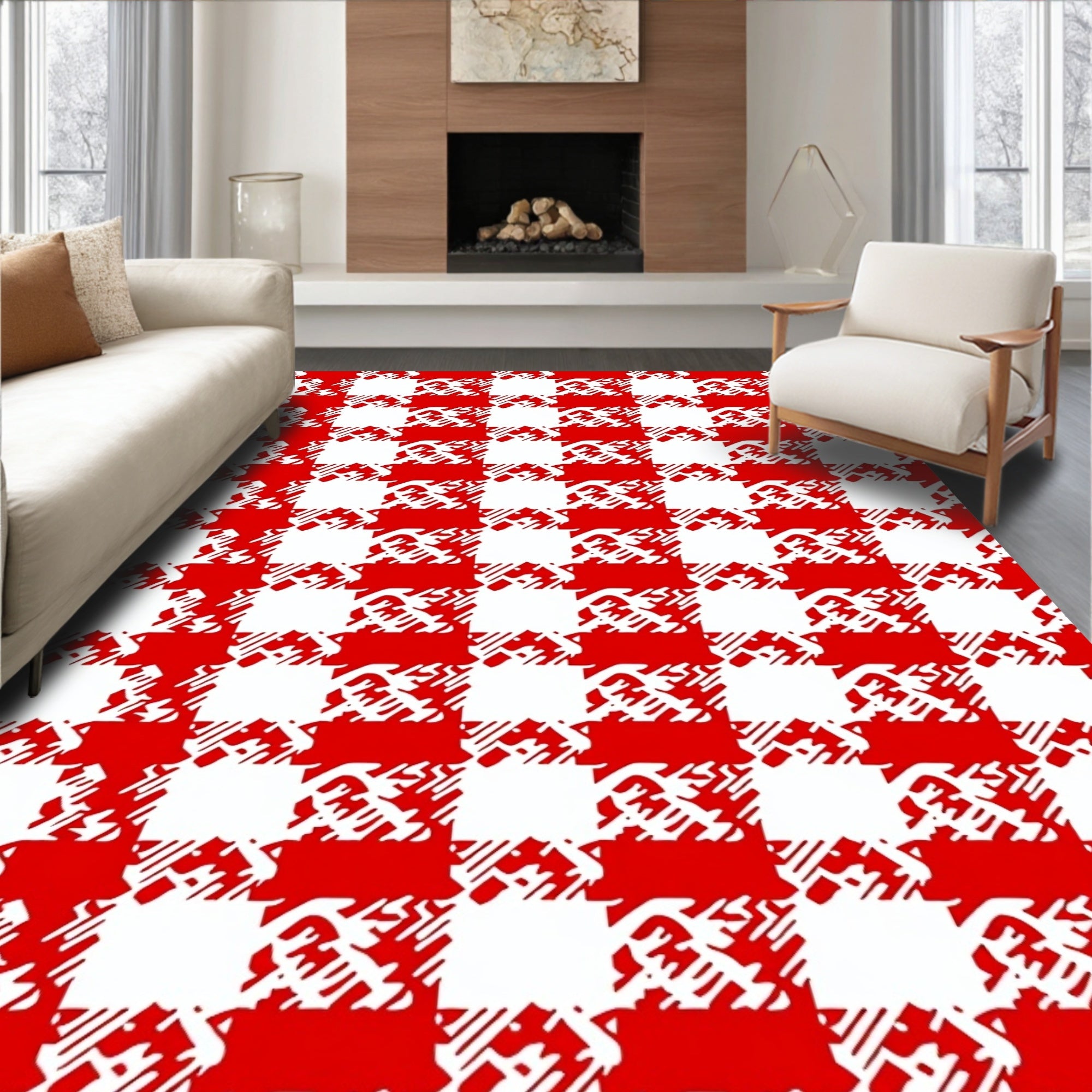 Bold Red White Gingham Texture Rug