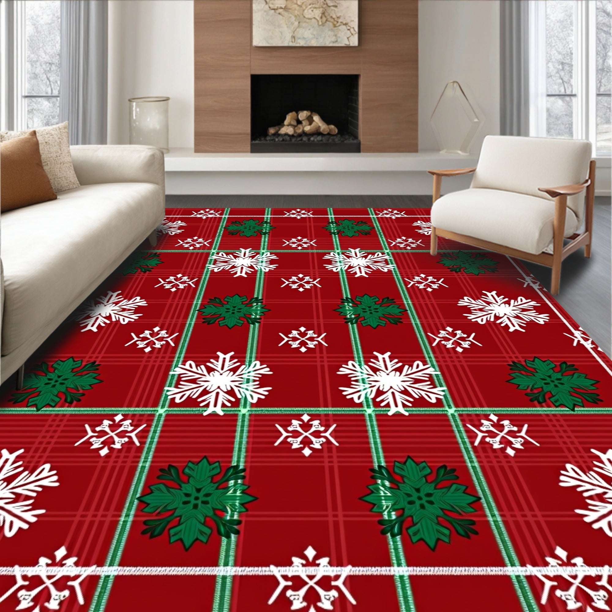 Red Green White Snowflake Plaid Rug