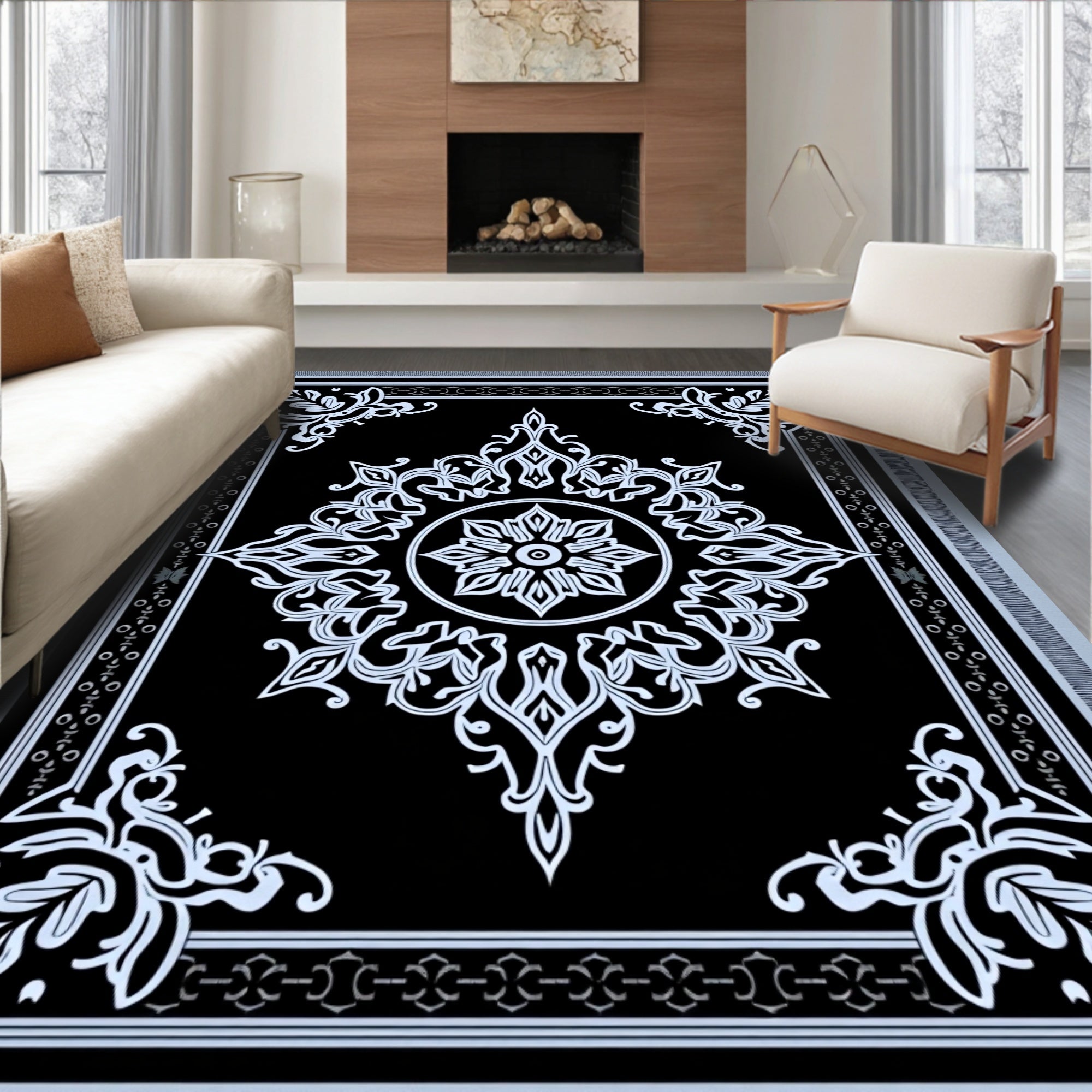 Black White Floral Medallion Rug