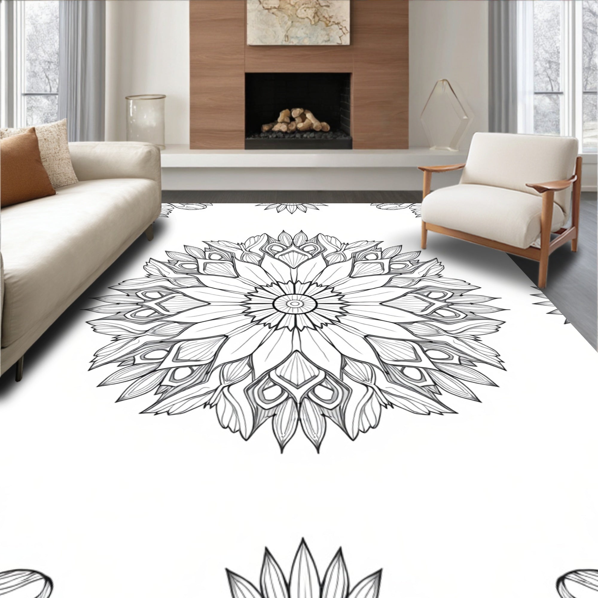 Detailed Black White Mandala Bloom Rug