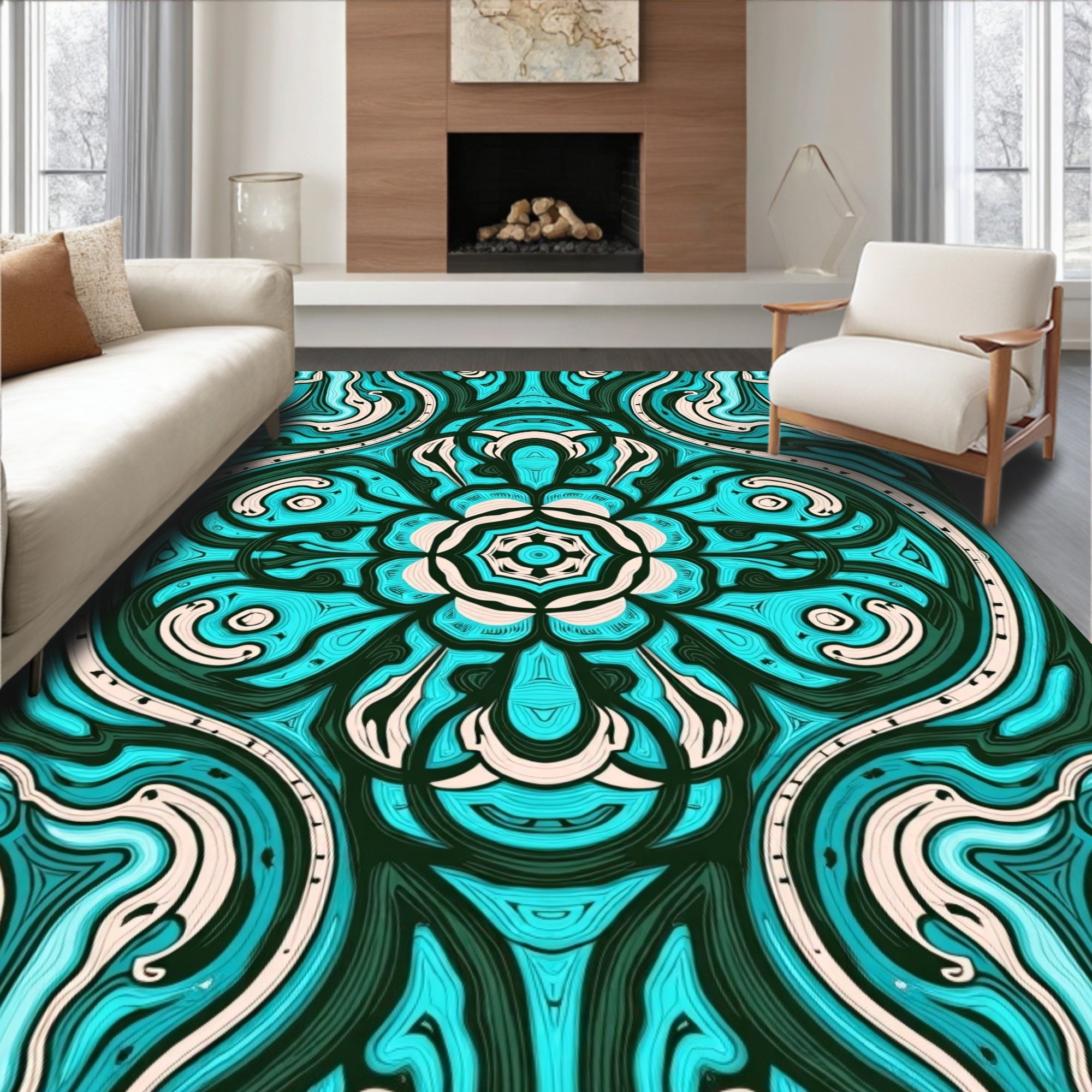 Aqua Teal Ivory Symmetric Floral Rug