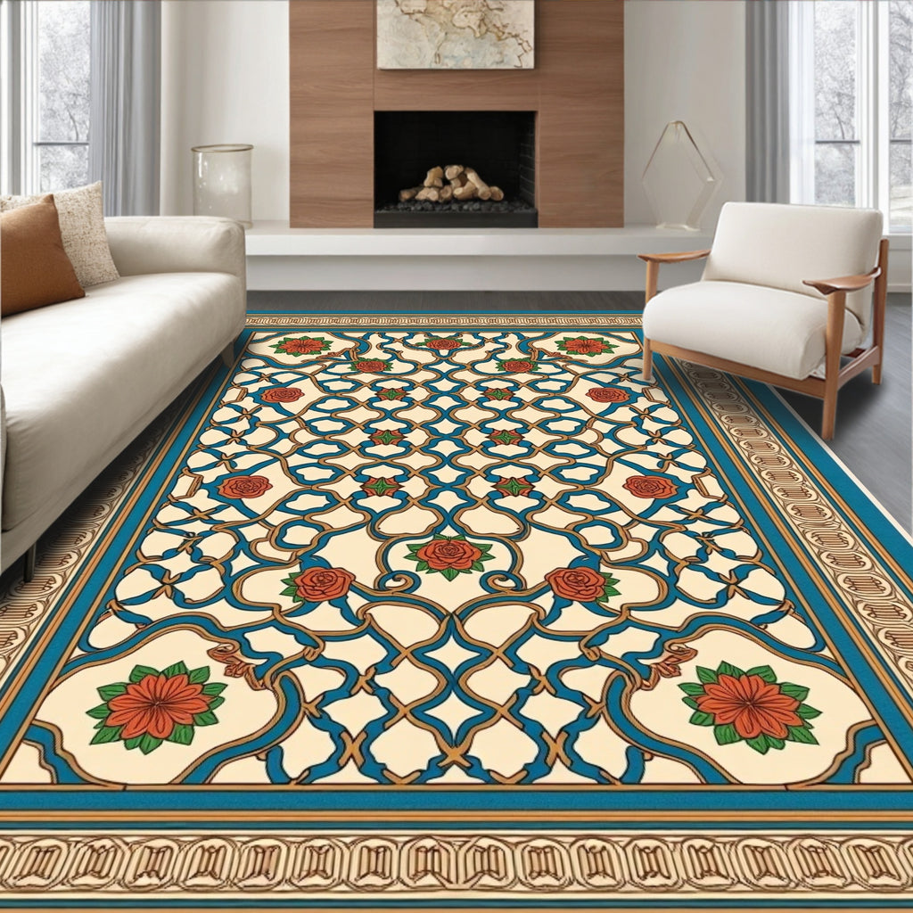 Turquoise Cream Rose Lattice Border Rug