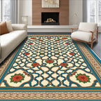 Turquoise Cream Rose Lattice Border Rug