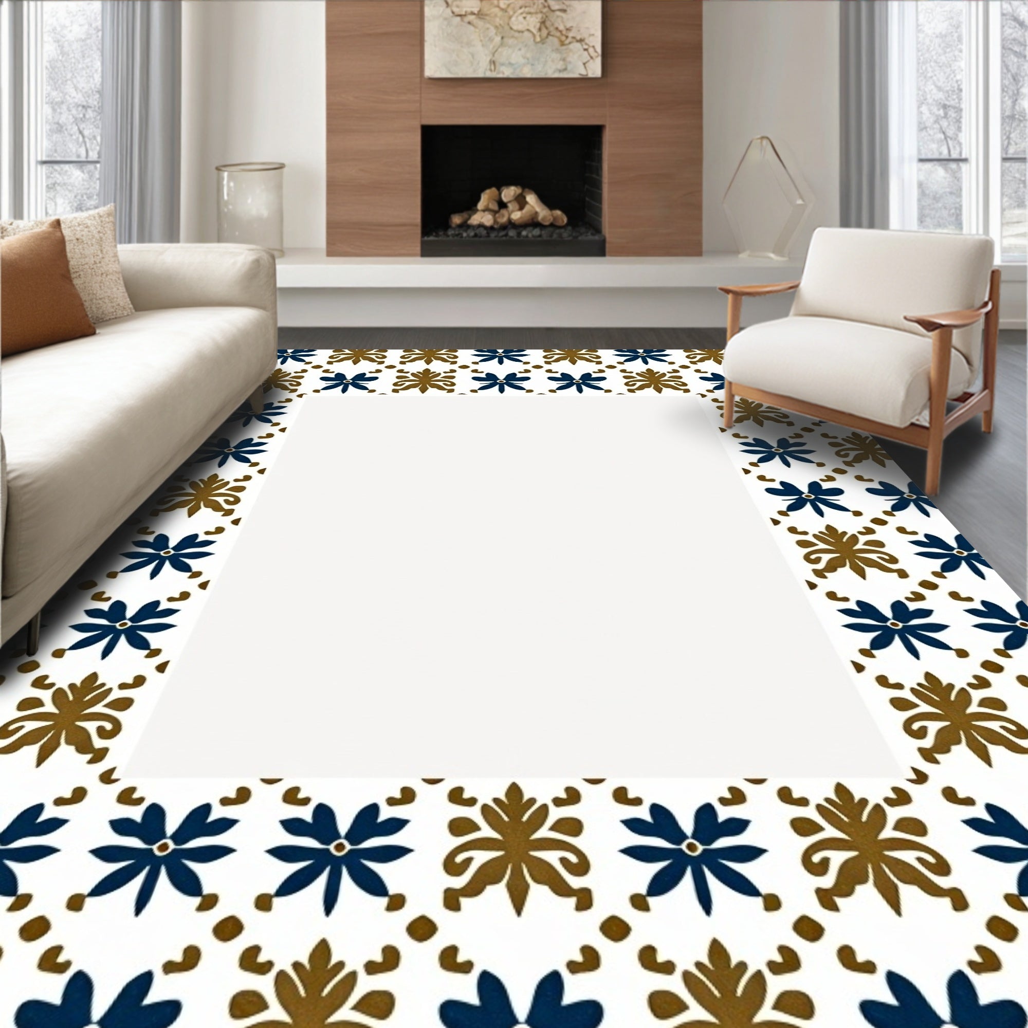 Deep Blue Brown Floral Tile Arrangement Rug