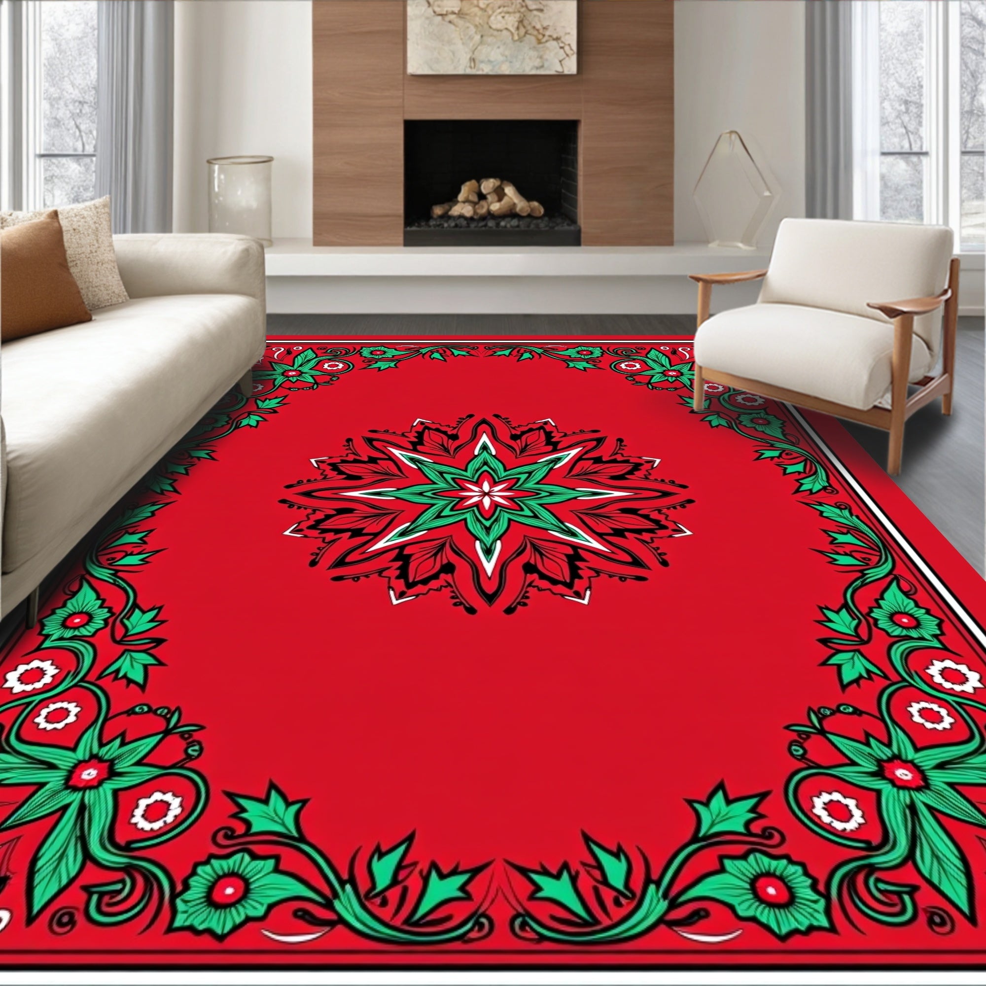 Red Emerald Floral Medallion Border Rug