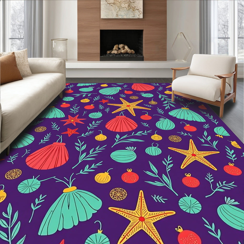 Purple Whimsical Starfish Shells Ornaments Rug