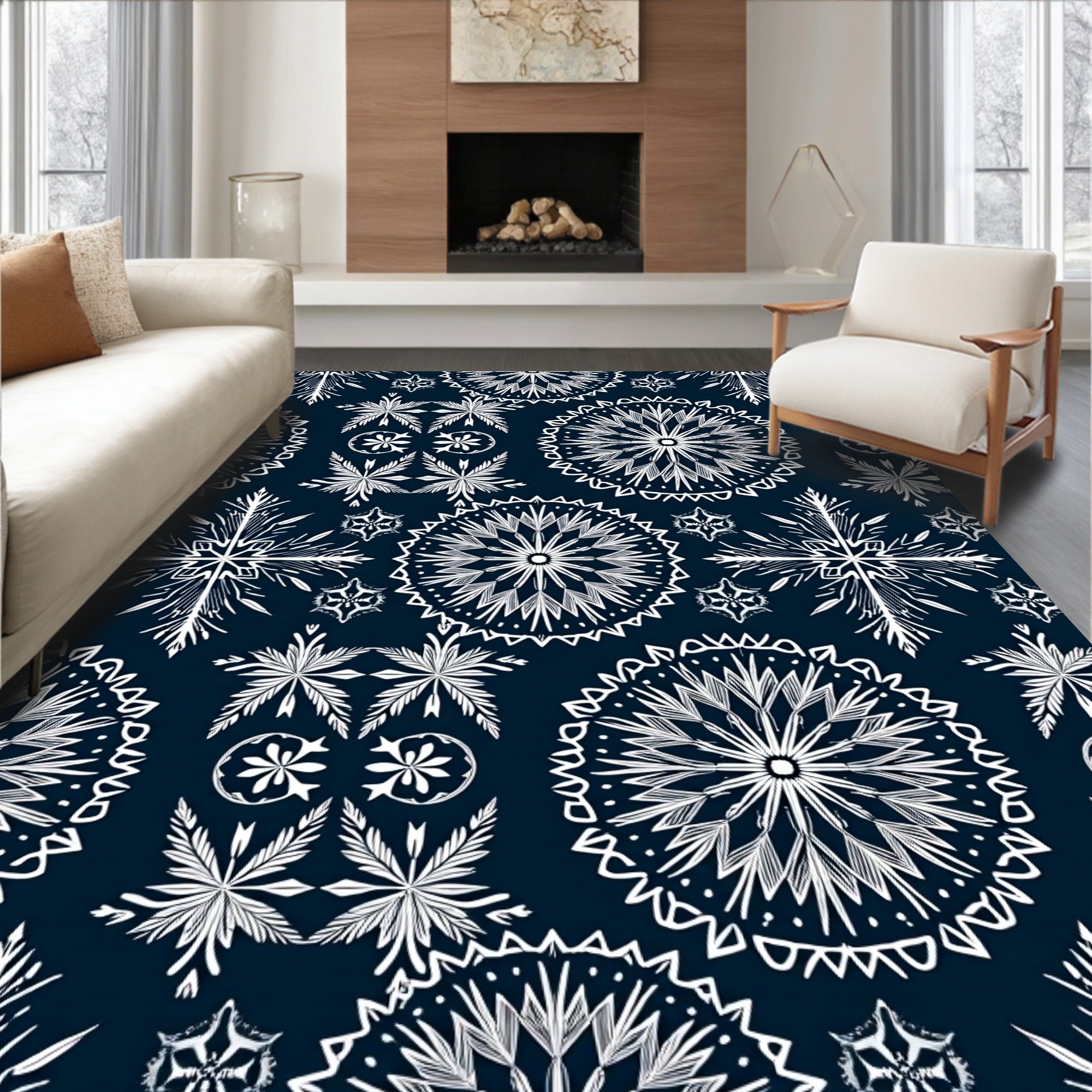 Snowflake Medallion Navy White Rug