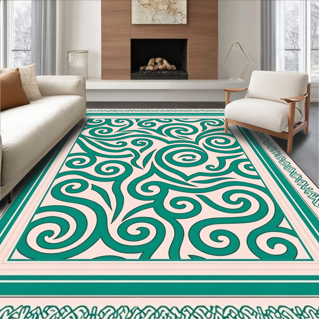Teal Swirl Ivory Medallion Border Rug