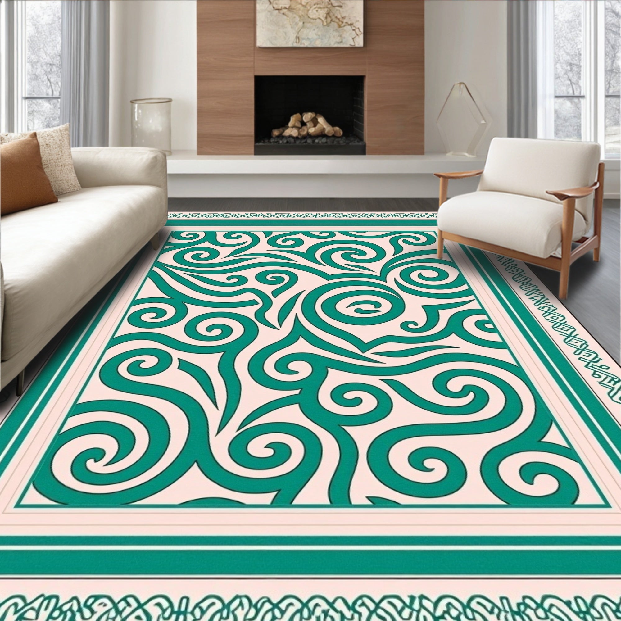 Teal Swirl Ivory Medallion Border Rug