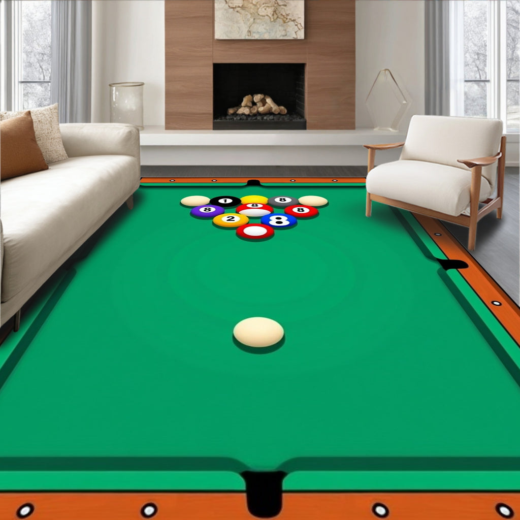 Billiard Balls Scattered Across Green Felt Rug