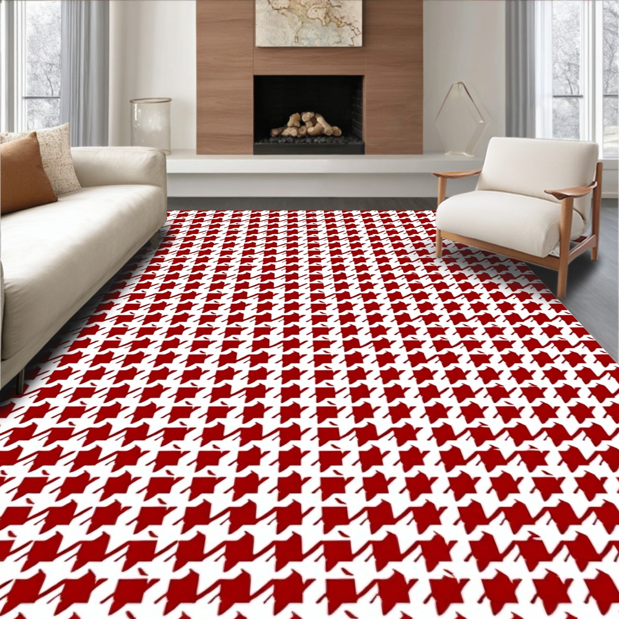 Classic Houndstooth Red White Rug