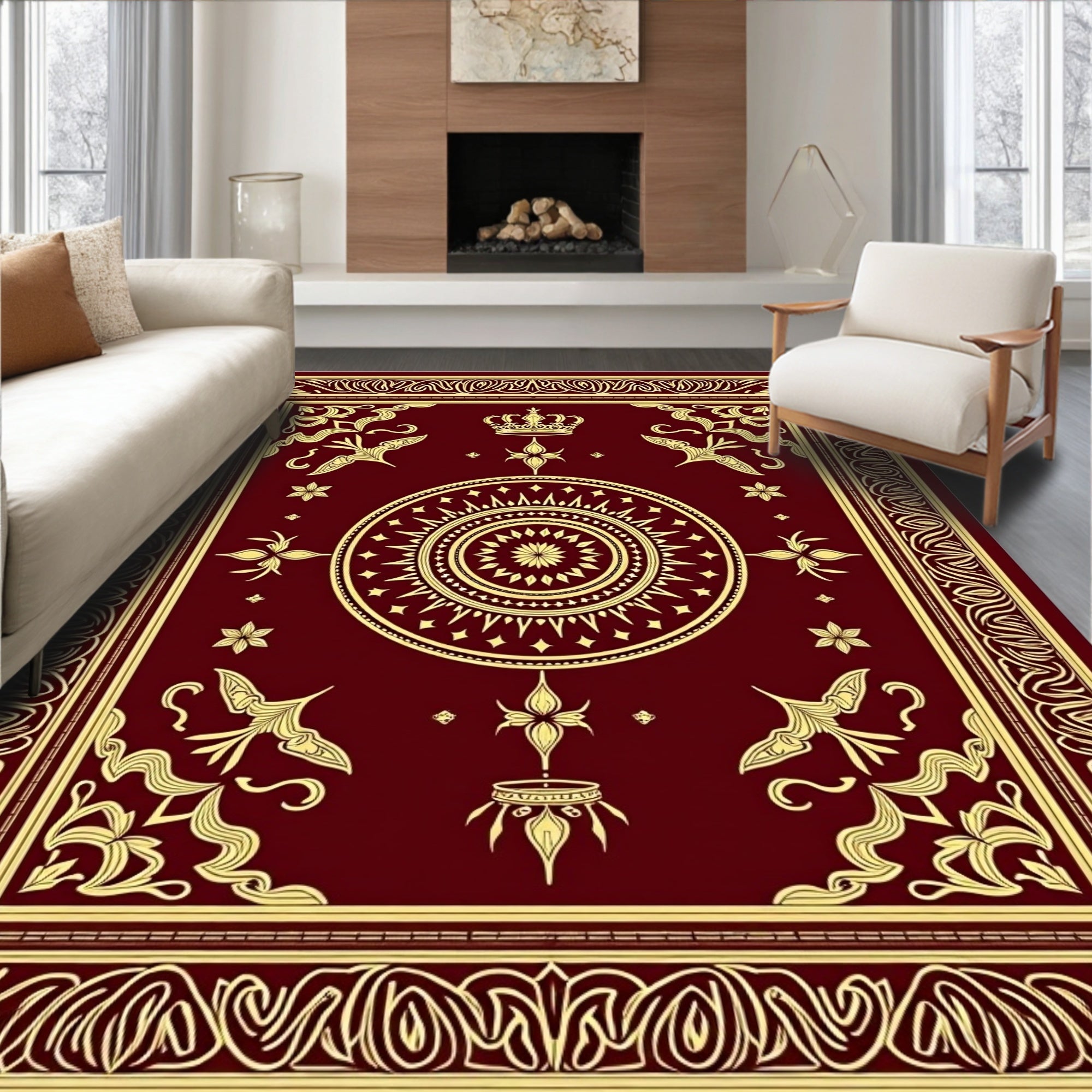Burgundy Gold Ornamental Crown Medallion Rug
