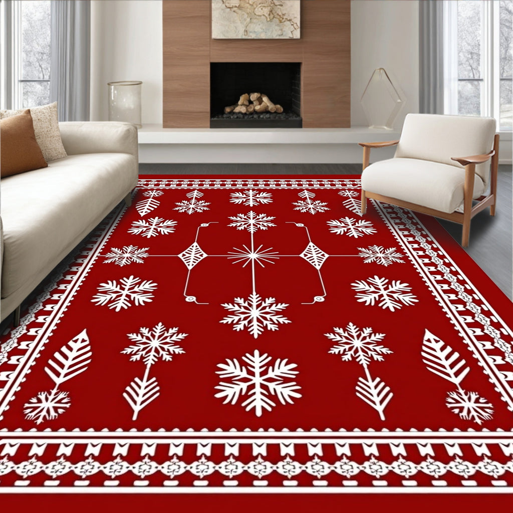 Crimson Snowflake Folk Art Rug