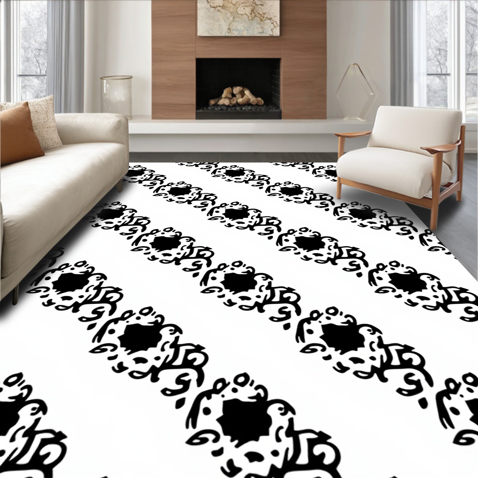 Black White Floral Scroll Arrangement Rug